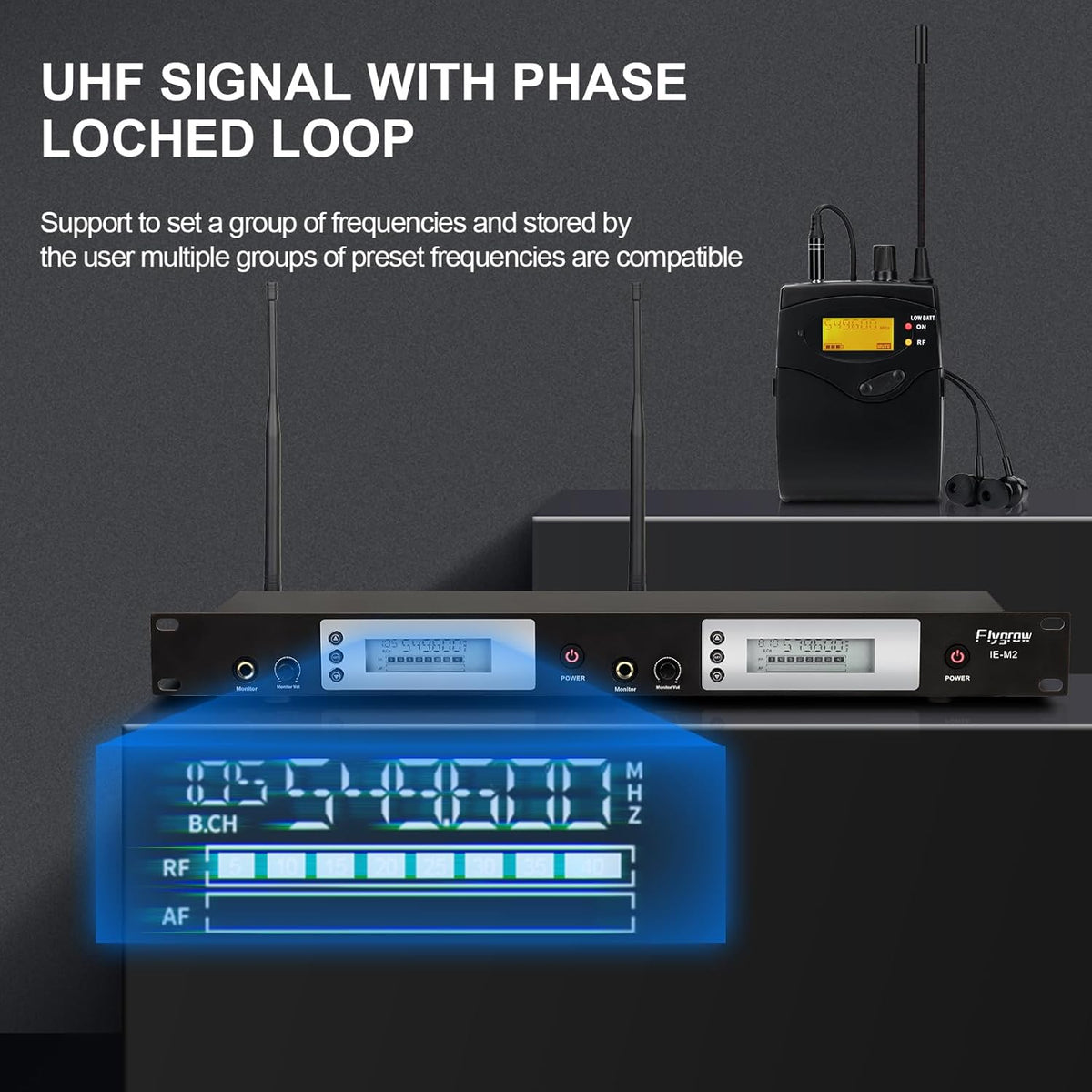 UHF Dual Wireless in-Ear Monitor System with Earphone, Metal Wireless IEM System, Sturdy Bodypack Receiver, 80 Adjustable Frequencies,164ft Range, Ideal for Stage & Studio (2 Bodypack)