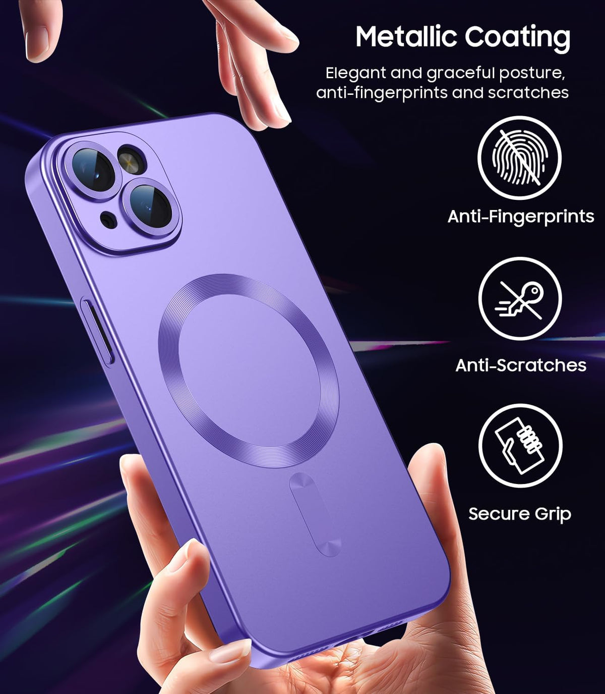 Magnetic for iPhone 15 Case [Compatible with MagSafe][Built-in Camera Lens Protector] Slim Soft Silicone Bumper Shockproof Metallic Shine Phone Case (Purple)