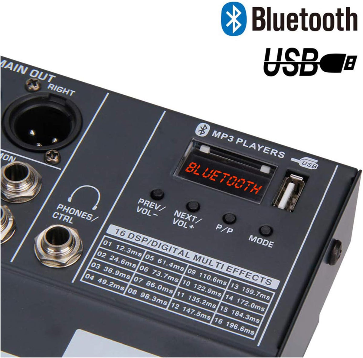 Boytone BT-60MX, 6 Channel Bluetooth Audio Mixer - DJ Sound Controller, USB MP3 Player, 4 XLR Microphone Jack, 7 Band EQ, 16 DSP Digital Multi Effects Processor, RCA IN-OUT Jack, 48V Phantom Power
