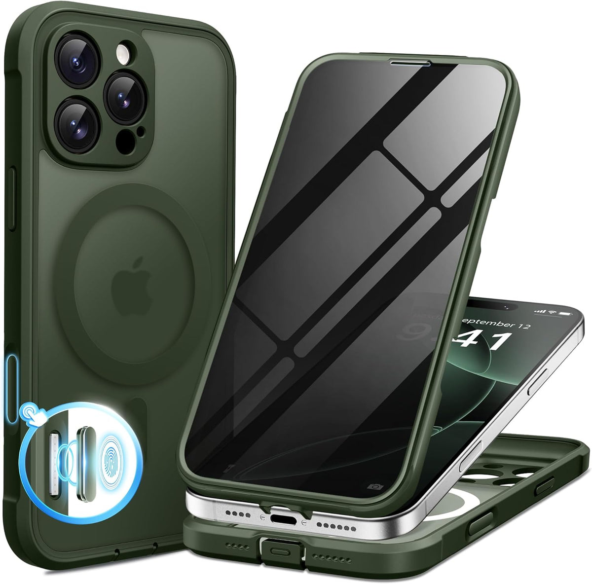 BERFY Magnetic for iPhone 16 Pro Max Case, Compatible with MagSafe, Built-in Privacy Screen Protector and Upgraded Camera Protection, Anti-Spy Full Body Shockproof Phone Case for 16 Pro Max 6.9",Green