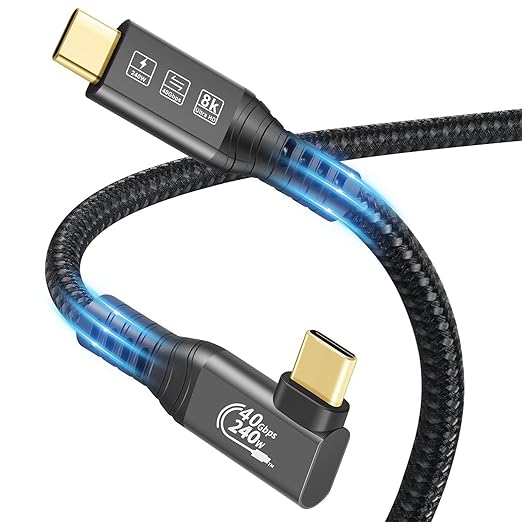 CHENLENIC USB4 Cable, with Thunderbolt 4 Cable, 240W Charging, 40 Gbps Data, 8K @ 60Hz HDR, USB C to USB C, 90Degree for Hub, Dock MacBook, M2, M3, Mac SSD (90Degree USB4 40G 240W 1.5M)