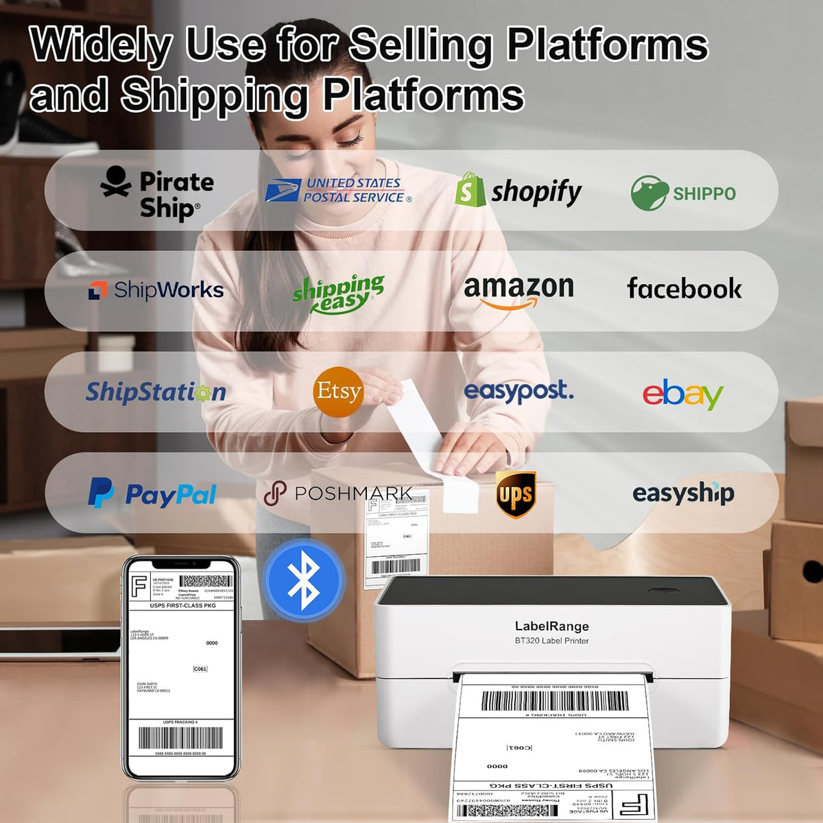 Ecommerce Label Printer 4x6, Bluetooth Thermal Shipping Label Printer, Compatible with Android&iOS and Windows, Support Amazon, Ebay, Shopify, Etsy, Whatnot, USPS, Pirate Ship, Shippo
