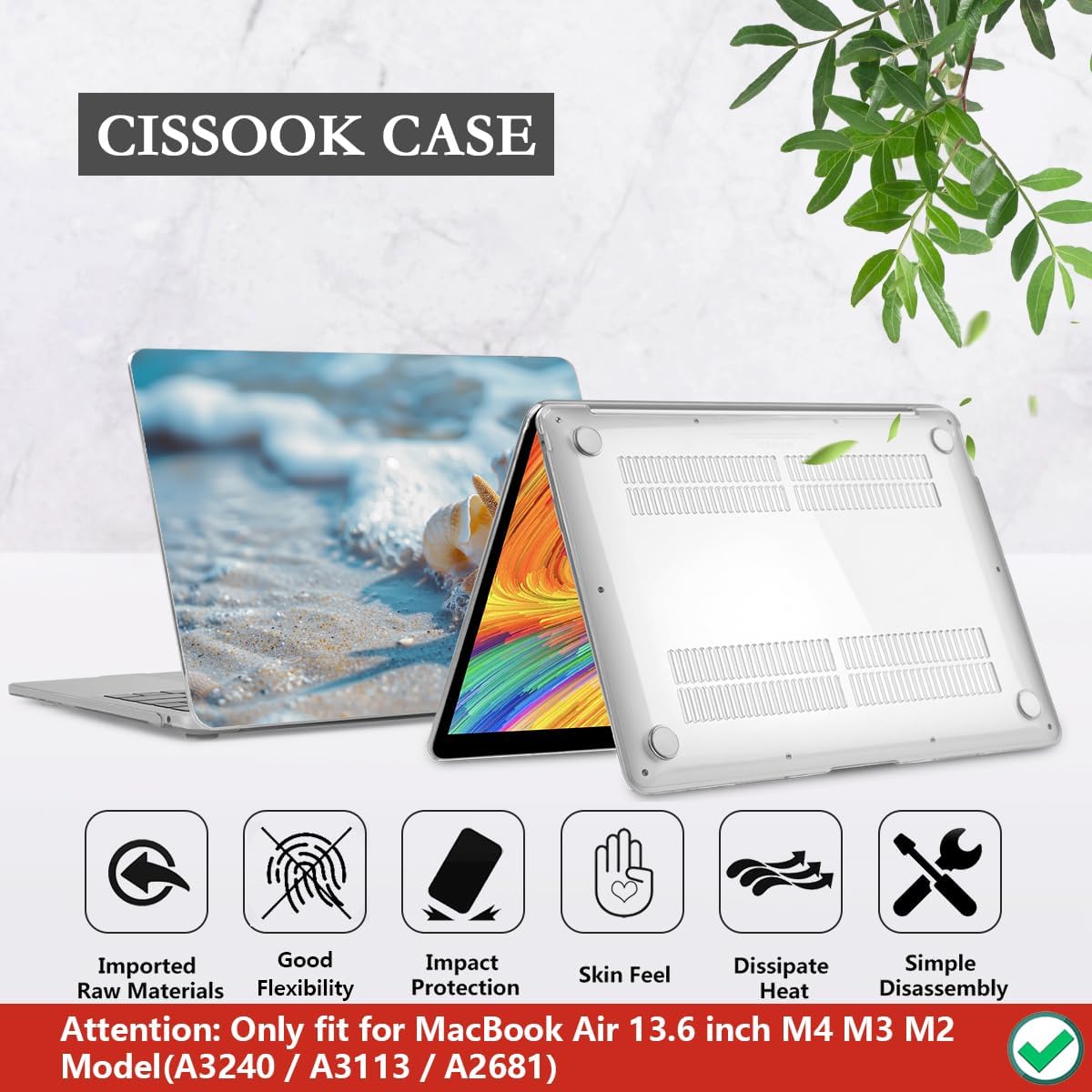 CISSOOK Compatible with MacBook Air 13.6 inch Case 2025 2024 2022 Release M4 A3240 M3 A3113 M2 A2681, Plastic Hard Shell Protective Case with Keyboard Cover Screen Protector, Beach&Shell