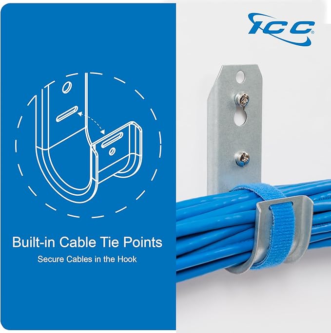 ICC 4-Inch Wall Mount J-Hook – 25-Pack, Cable Support 4" J Hooks with Retainer Clips, Galvanized Steel with Zinc Finish – for Structured Cabling and Cable Management