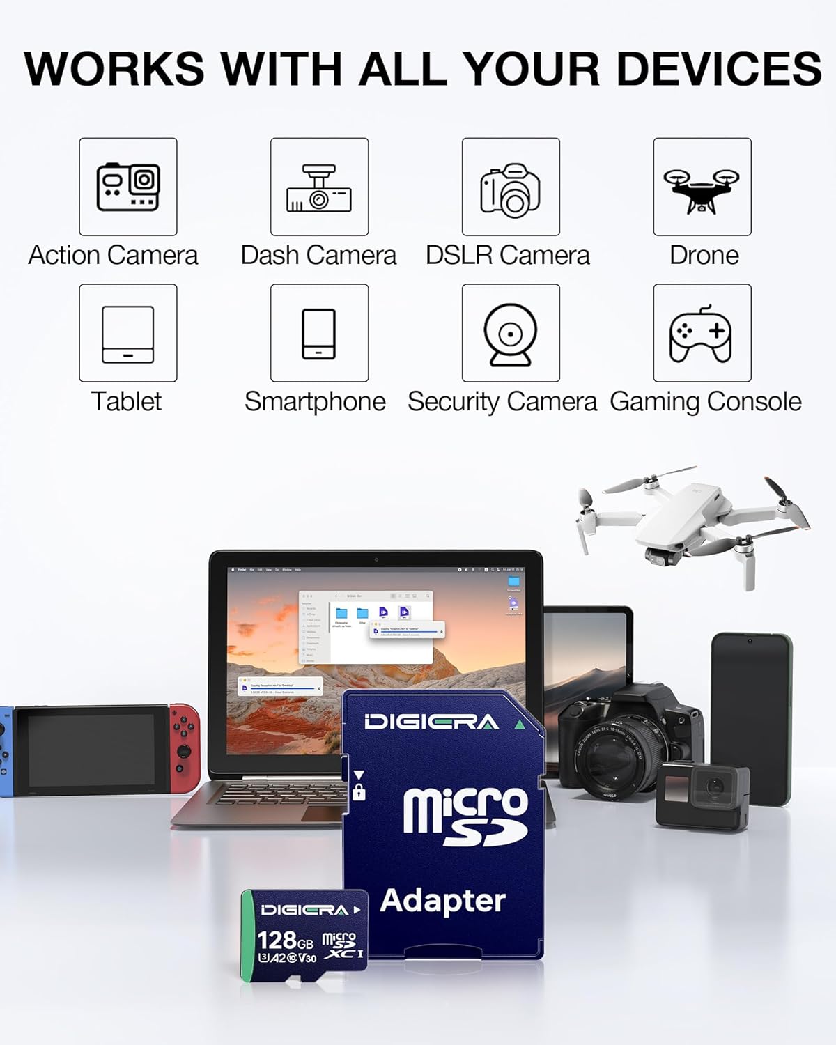 128GB CT100 microSDXC UHS-I Memory Card with Adapter - up to 100MB/s, C10, U3, V30, 4K UHD, A2, Micro SD Card for Smartphones, Tablets, Cameras, Gaming Consoles, and Drones (1 Pack)