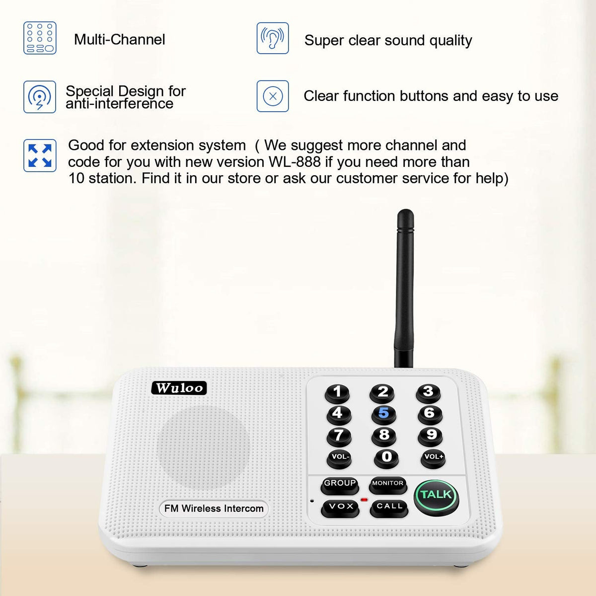 Wuloo Intercoms Wireless for Home 5280 Feet Range 10 Channel 3 Code, Wireless Intercom System for Home House Business Office, Room to Room Intercom
