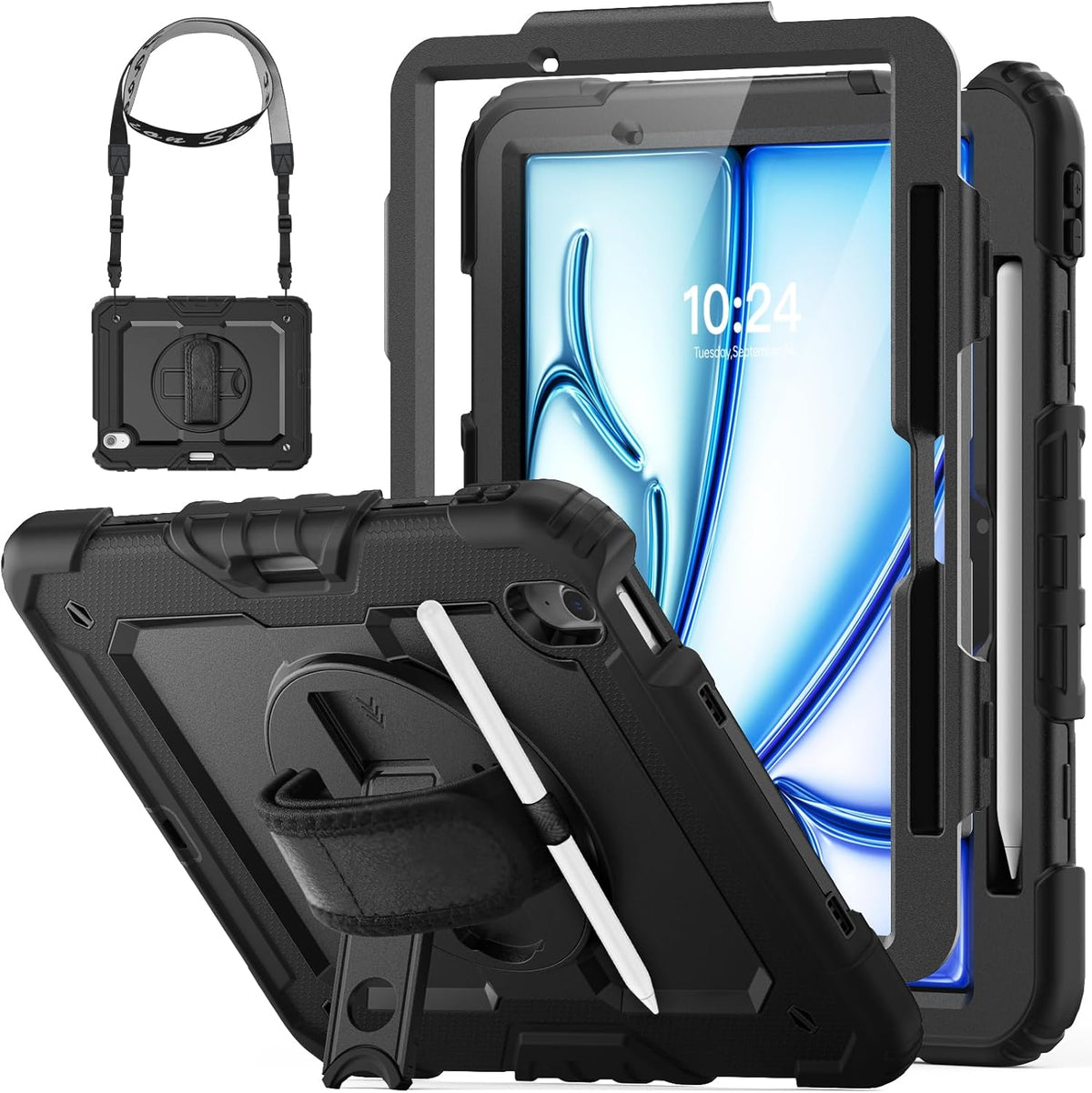 HXCASEAC Case for iPad Air 11 inch (2025 M3 / 2024 M2), Shockproof Design with Pencil Holder/Screen Protector/Rotating Hand Strap, Protective Cover for iPad Air 7th/6th Generation - Black