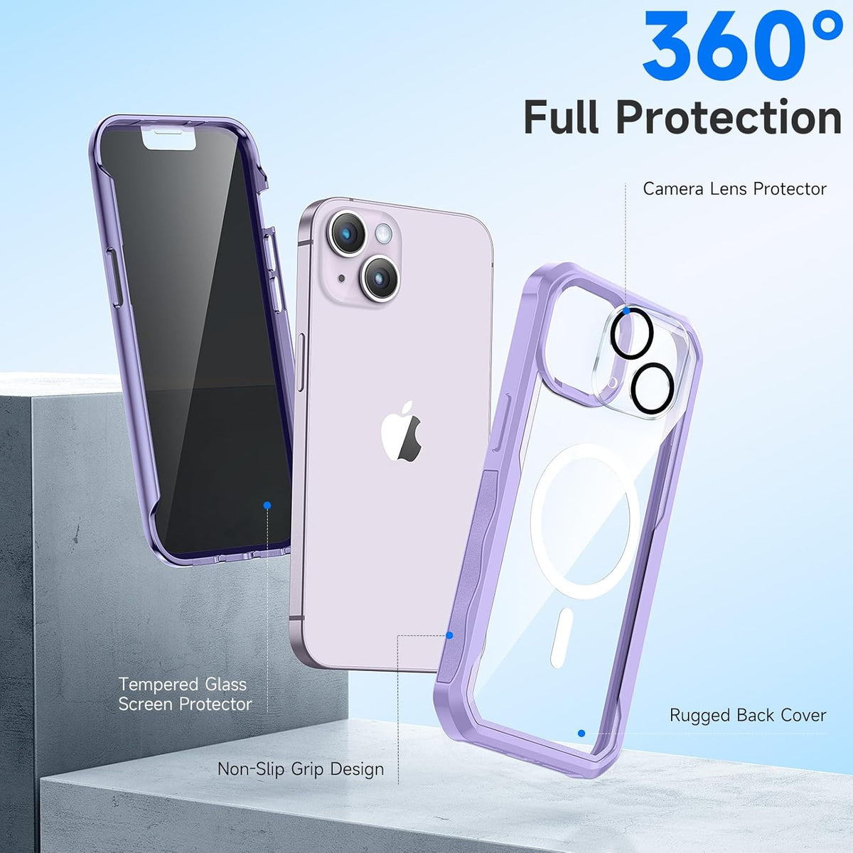seacosmo for iPhone 14 Plus Case, Full Body Bumper with Built-in 9H Tempered Glass Privacy Screen and Camera Lens Protector, Compatible with MagSafe, Shockproof Phone Case, 6.7", Light Purple