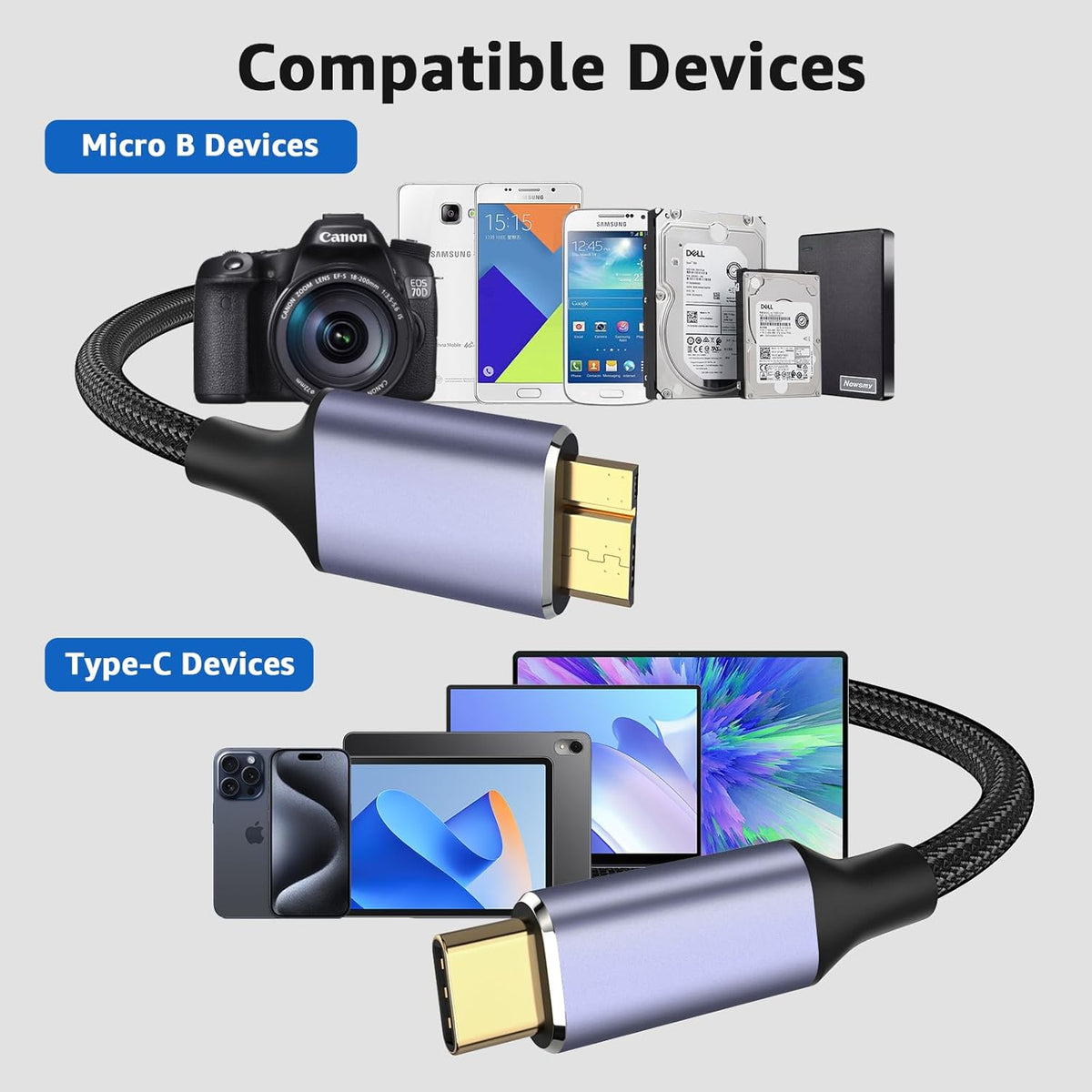 USB 3.1 Micro B to USB C Hard Drive Cables, 1FT 10 Gbps USB C to Micro B, External Hard Drive Cable Compatible with MacBook Pro/Air, iPad/Tablet, iPhone, Samsung Galaxy S24, WD Seagate etc