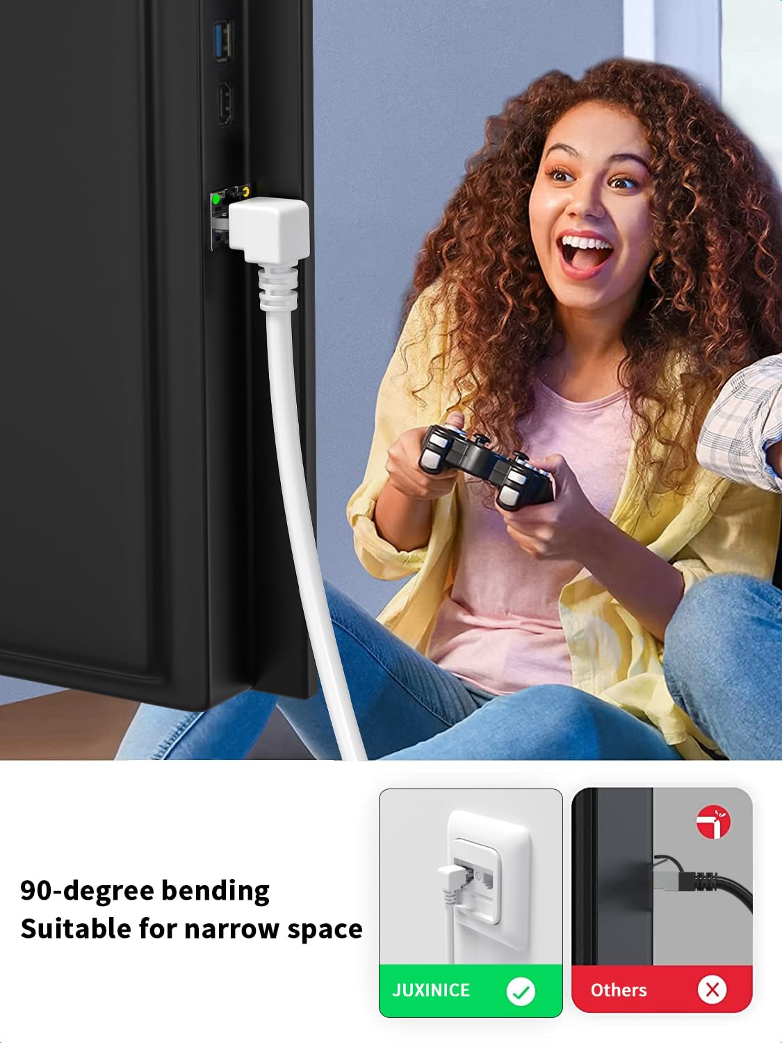 Right Angle Ethernet Extension Cable Down Angle1.5ft-White, 90 Degree CAT6 Ethernet Patch Cable RJ45 LAN Cable Extender Male to Female Connector for Router Modem Smart TV PC Computer Laptop