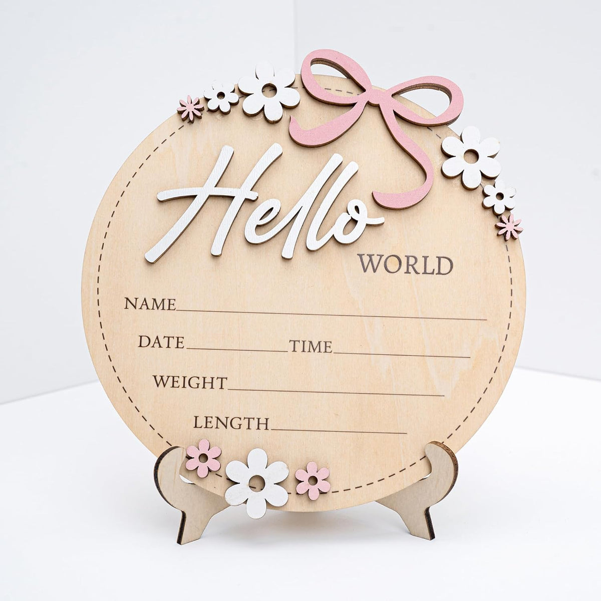 6 Inch Wooden Baby Announcement Sign Round Birth Stat Plaque with Floral and Bow Design (Hello World)