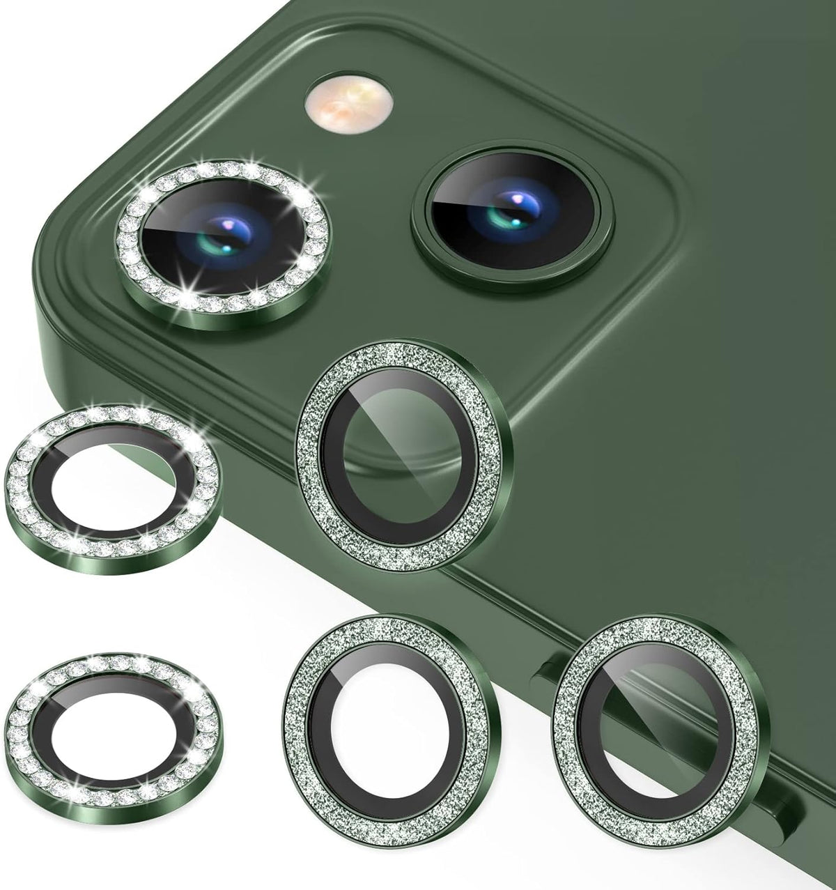 AGVEE 3+3 6 Pack for iPhone 13 6.1 inch / 13 Mini 5.4 inch Camera Lens Cover Protector, Bling Diamond & Bling Glitter Metal Ring 9H Tempered HD Glass Camera Cover Protector Film, Bling-Green