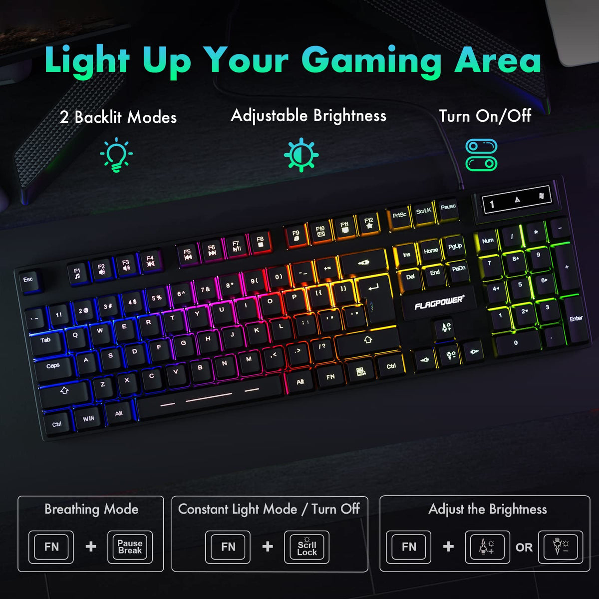 FLAGPOWER RGB Gaming Keyboard and Breathing Mouse Combo, Adjustable Breathing Backlit Mechanical Feeling Keyboard with 4 Colors 4800DPI Backlight