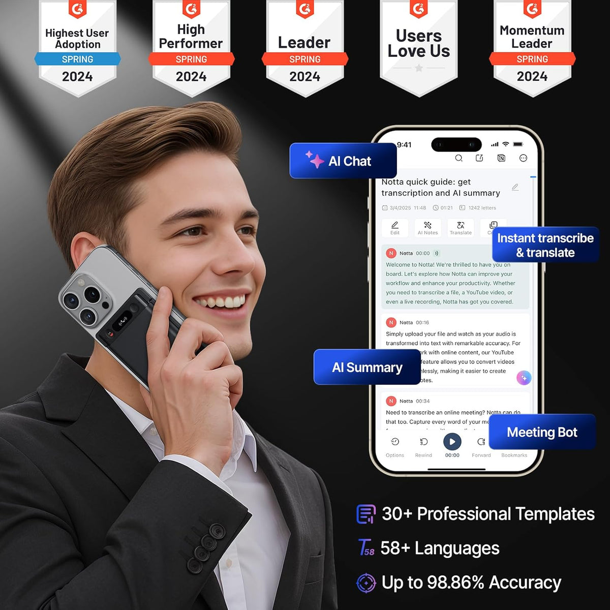 AI Voice Recorder, Notta Memo Digital Voice Recorder w/Case, AI Transcription & Summary of Global Main Languages, 2000h Recording Memory, One-Press Recording for Calls, Meetings, Interviews, Lectures