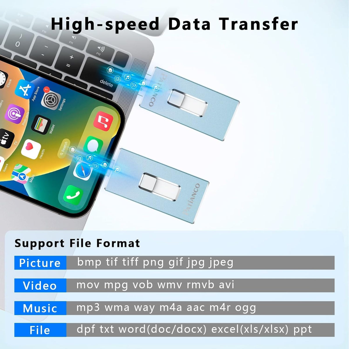 Patianco Apple MFi Certified 512GB iPhone/iPad USB Flash Drive, Lightning Connector, USB 3.0, 100/625 MB/s Read/Write, Portable Photo Stick for iPhone/iPad/Computer, Blue