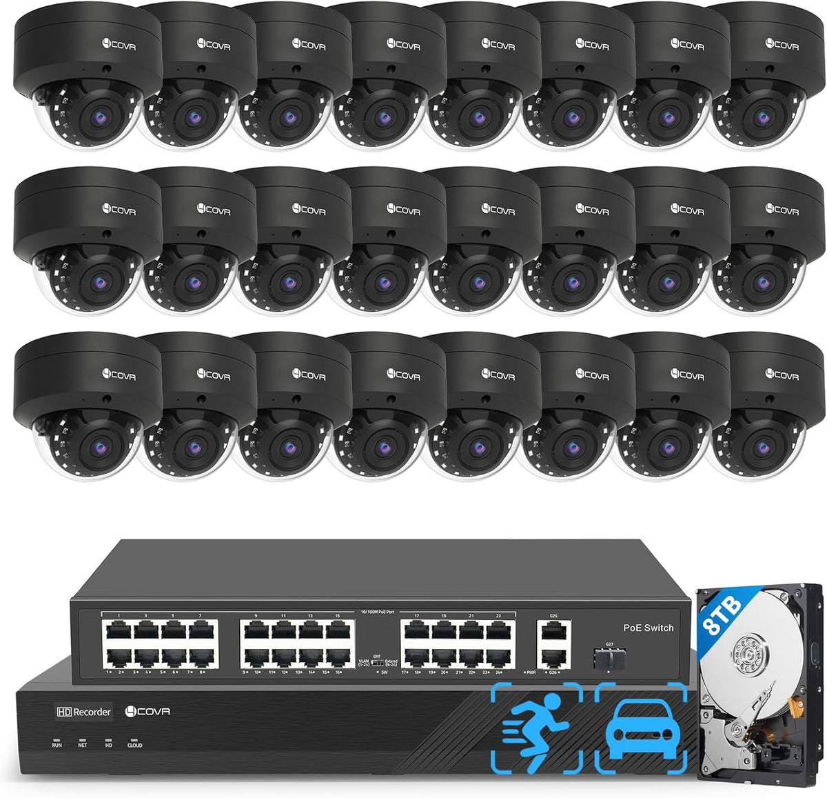 4COVR 4K PoE 32 Channel Security Camera System AI Human Vehicle Detection, 24Pcs 8MP IK10 Vandal-Proof Dome IP Camera IP67 with Mic, 4K UHD NVR 8TB HDD, Commercial Surveillance Outdoor, LY54AB8M3224