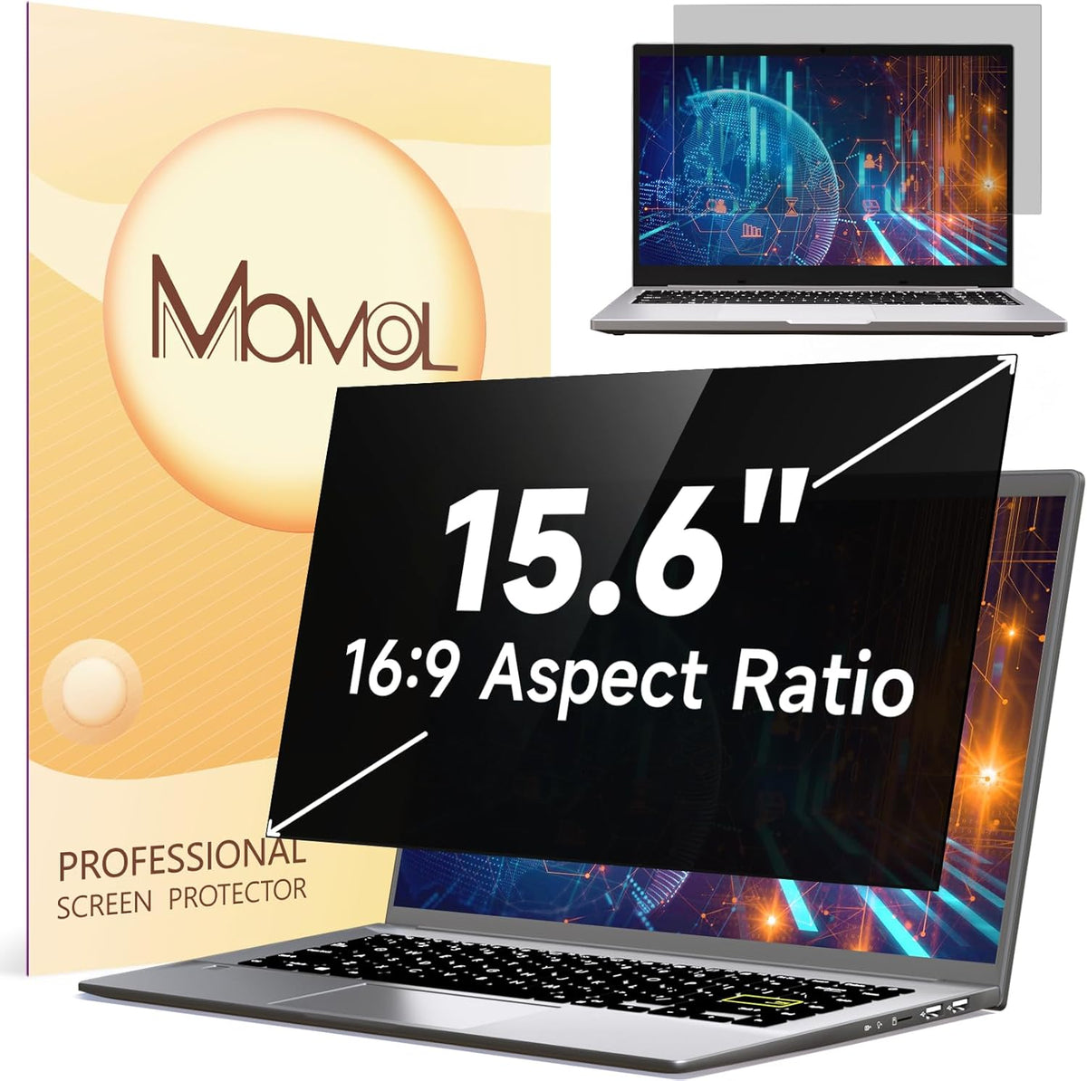 Mamol 15.6 Inch Laptop Privacy Screen Filter for 16:9 Widescreen Display, Eye Protection Anti Glare & Blue Light Filter, Privacy Screen Protector for 15.6" Laptop