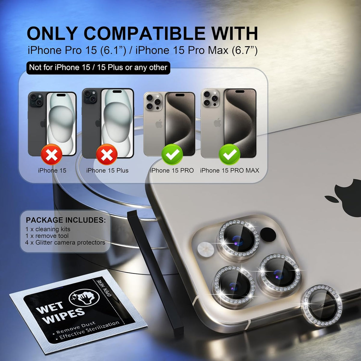 Choiche Compatible for iPhone 15 Pro/iPhone 15 Pro Max Camera Lens Protector Bling, 9H Tempered Glass Camera Cover Screen Protector Metal Ring Decoration Accessories (Diamond-Titanium Gray)