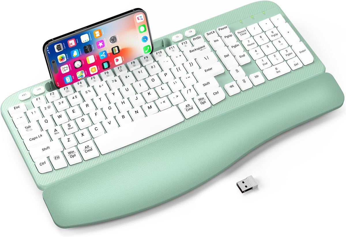 EAYBLLY 2.4GHz Ergonomic Wireless Keyboard with Cushioned Wrist Rest, Wave Keys, Phone Holder, Comfortable Natural