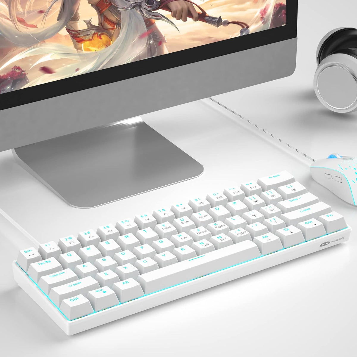 60% Mechanical Gaming Keyboard, White Gaming Keyboard with Red Switches, Detachable Type-C Cable Mini Keyboard with Blue LED Light for/PC/Laptop