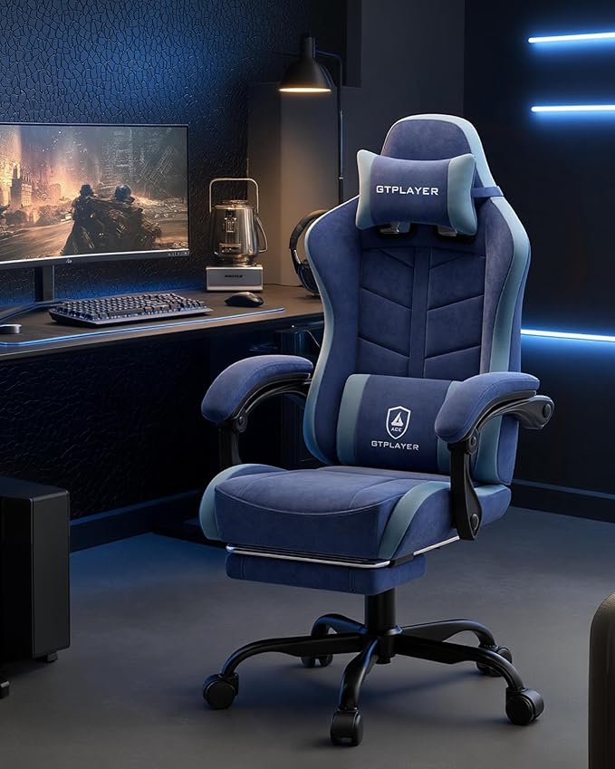 GTPLAYER Gaming Chair with Footrest Computer Gaming Chair for Adults and Kids Height Adjustable Gamer Chair with 90-155° Recline &amp Removable Headrest Lumbar SupportPerformance Fabric Blue