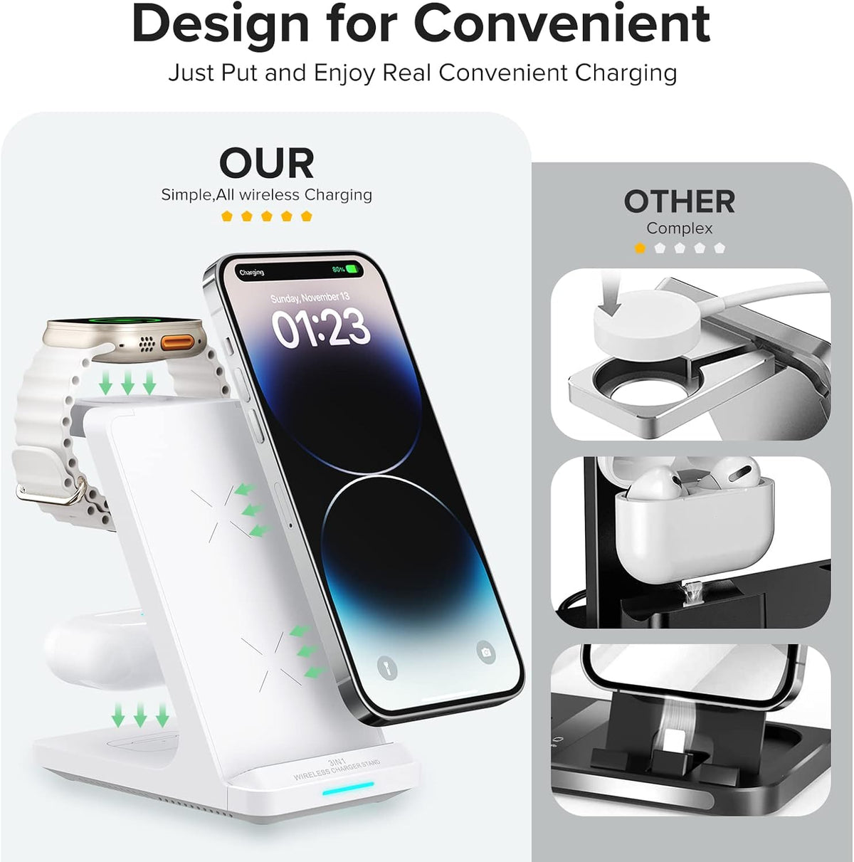 Wireless Charging Station, 3 in 1 Fast Wireless Charger Stand for Multiple Devices Apple Watch Ultra Series 10 9 8 7 6 SE 5 4 3 2, iPhone 16 15 14 13 12 11 Pro Max/Plus/Mini/X/XS/Max/XR/SE, Airpods