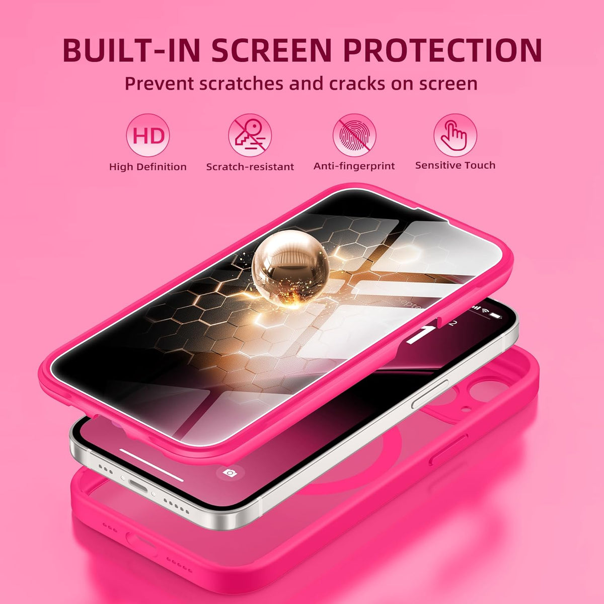 BERFY Magnetic for iPhone 14 Case, Compatible with MagSafe, Built-in Privacy Screen Protector and Upgraded Camera Protection, Anti-Spy Full Body Shockproof Phone Case for 14 6.1", Hot Pink