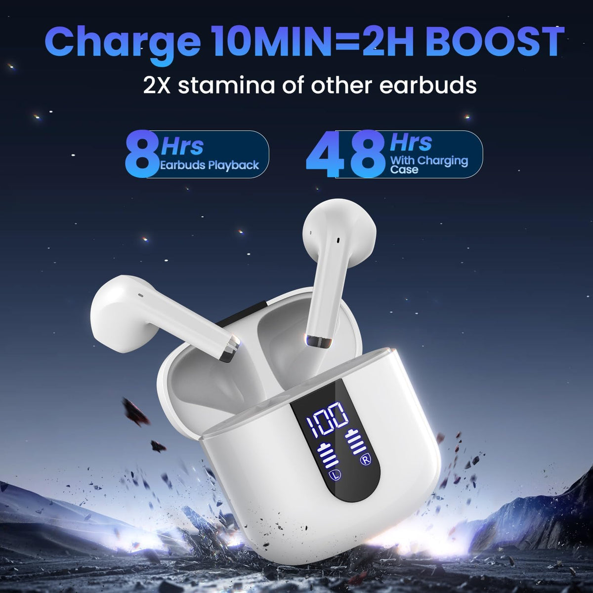 Wireless Earbuds, Bluetooth Headphones with Deep Bass Stereo, 48H Playback Ear Buds with LED Power Display Charging Case，Lightweight, IPX7, in-Ear Earphones with Mic for for Phone Tablet Laptop, White
