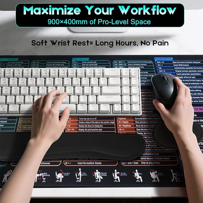 Excel Cheat Sheet Mouse Pad Set | 3-Piece XXL Ergonomic Desk Mat with Wrist Rest for Office &amp Gaming(Army Green)