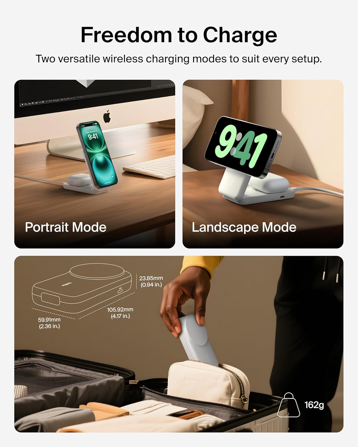 Belkin MagSafe Charger Compatible, 2-in-1 Charging Station, Qi2.2 25W Magnetic Wireless Charger Dock, Foldable Stand, with 5W USB-C Port, for iPhone 16/15/14, AirPods (45W Adapter Included)