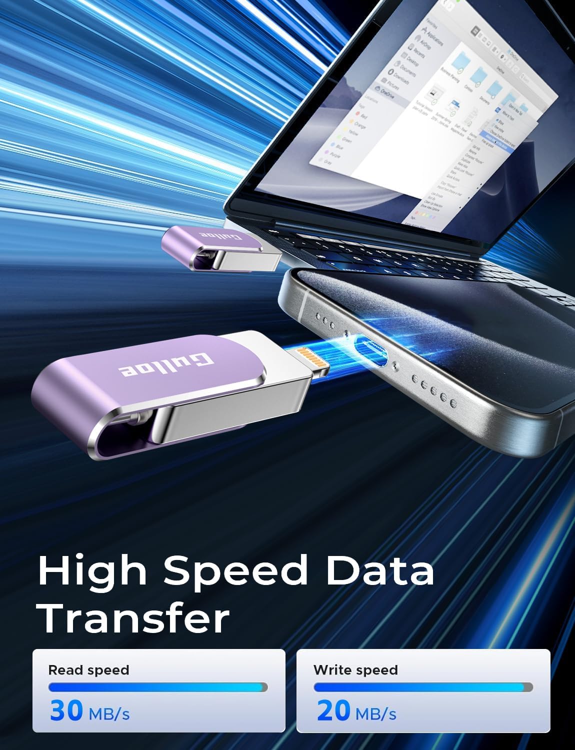 Gulloe 256GB Flash Drive Intended for iPhone, Memory Stick Storage for Photos and Videos Backup, Compatible with iPhone iPad Android PC, Plug and Play, No Application Required (Purple)