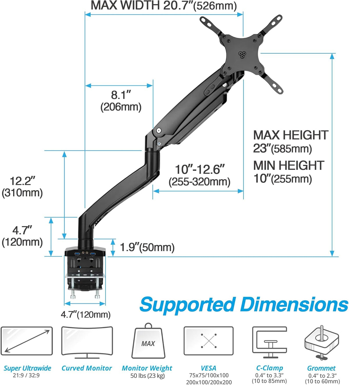 AVLT Single 17"-49" Super Ultrawide Monitor Arm for Screens Up to 50 lbs, Premium Aluminum Desk Stand, Adjustable Pneumatic Height, Full Motion Swivel Tilt Rotation, USB 3.0 & AUX Ports, Black