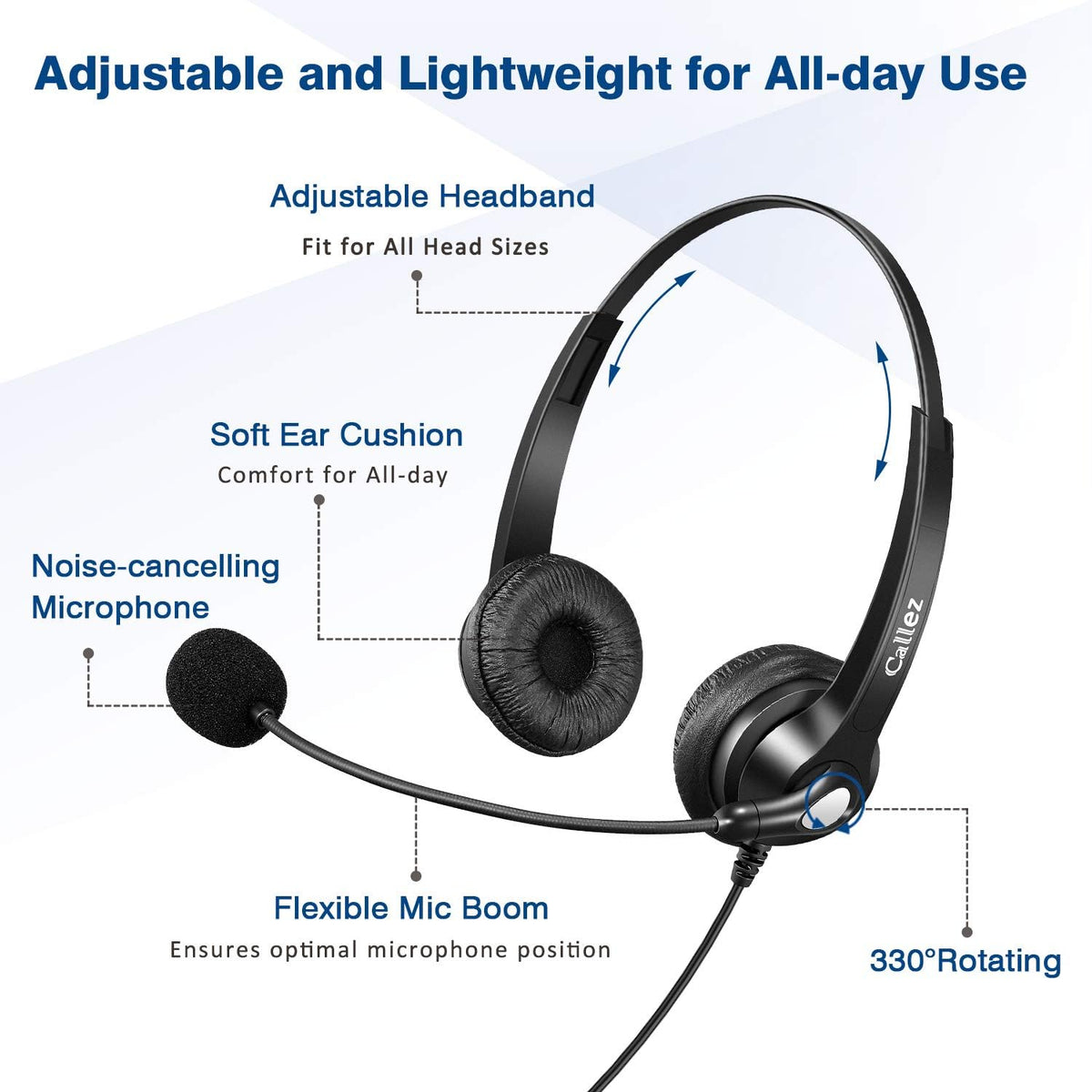 USB Headset with Microphone Noise Cancelling & Audio Controls, Stereo Computer Headphones for Business Skype UC Lync Softphone Call Center Office, Clearer Voice, Super Light, Ultra Comfort
