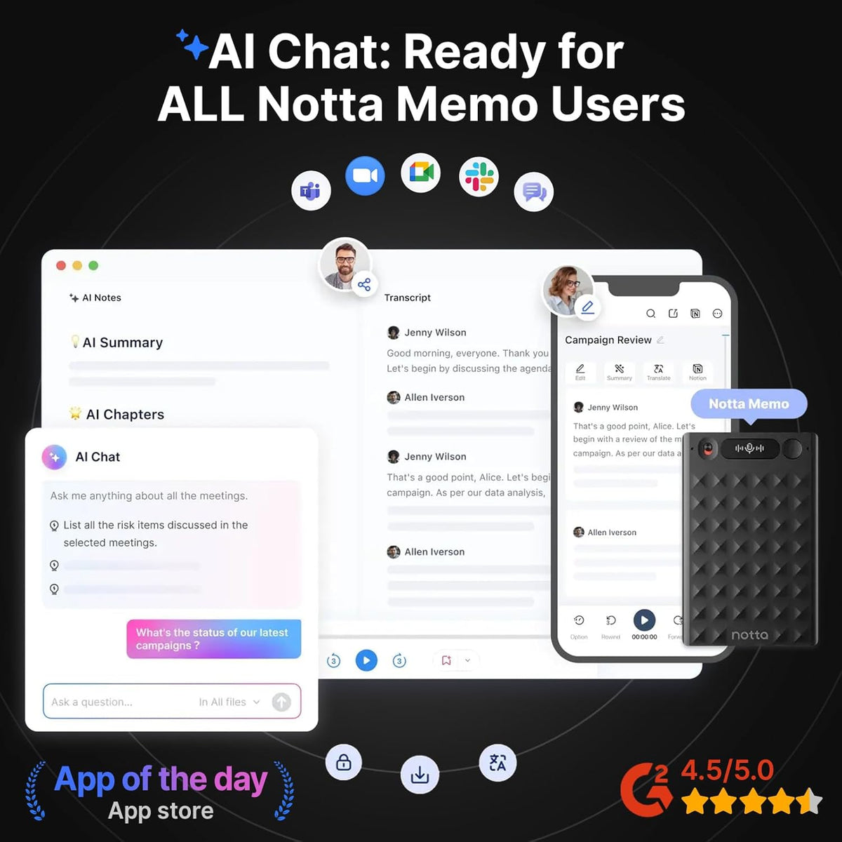 AI Voice Recorder, Notta Memo Digital Voice Recorder w/Case, AI Transcription & Summary of Global Main Languages, 2000h Recording Memory, One-Press Recording for Calls, Meetings, Interviews, Lectures