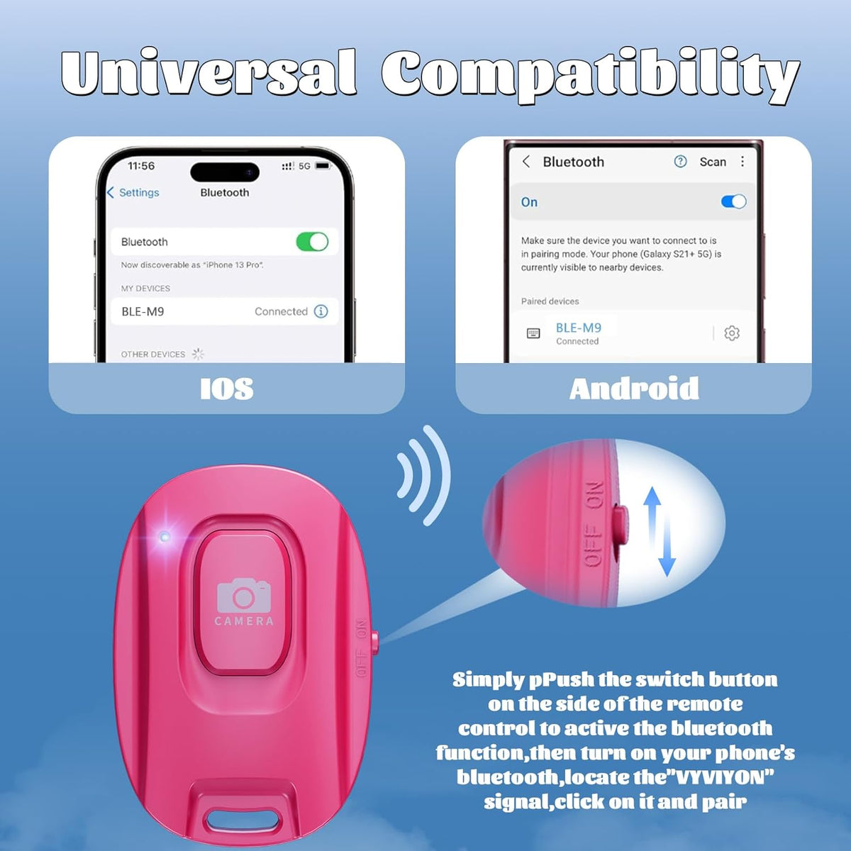 MAIRAN Rechargeable Wireless Camera Remote Shutter for iPhone and Android Smartphones, Bluetooth Phone Remote Control,Selfie Button for Photos and Videos Charging Cable Included-Pink