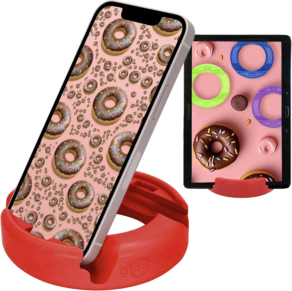 GoDonut – Phone Stand Original – Cell Phone Holder + Tablet Stand Desk Organizer – Compatible with Tablet, iPhone 16 15 14 Pro Max, Android & Most Smartphones - Red