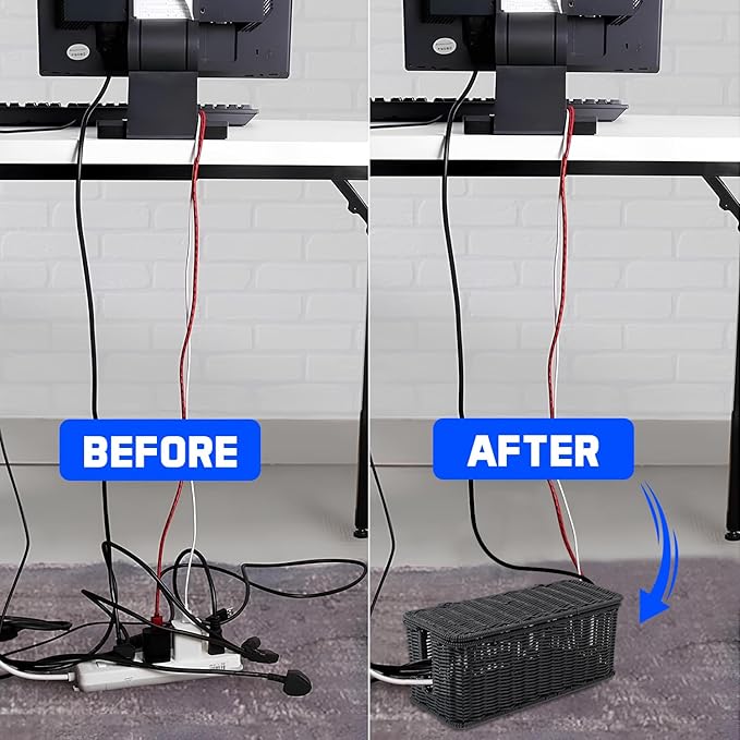 Cable Management Box, Handmade Rattan Cable Organizer with 2 Open Slots, Cord Hider for Power Strip, Router & USB Hub, Registered U.S. Design Patent (D1,112,102), 13" x 5.1" x 5.1", Black