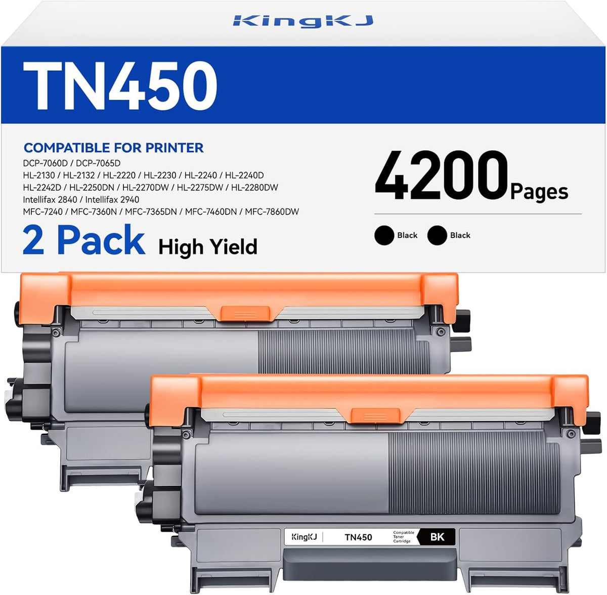 TN450 Black Toner Cartridge 2-Pack Replacement Compatible for Brother TN-450 450 Toner HL-2270DW HL-2280DW HL-2230 MFC-7360N MFC-7860DW DCP-7065DN Intellifax 2840 2940 MFC-7240 HL-2240D Printer Ink