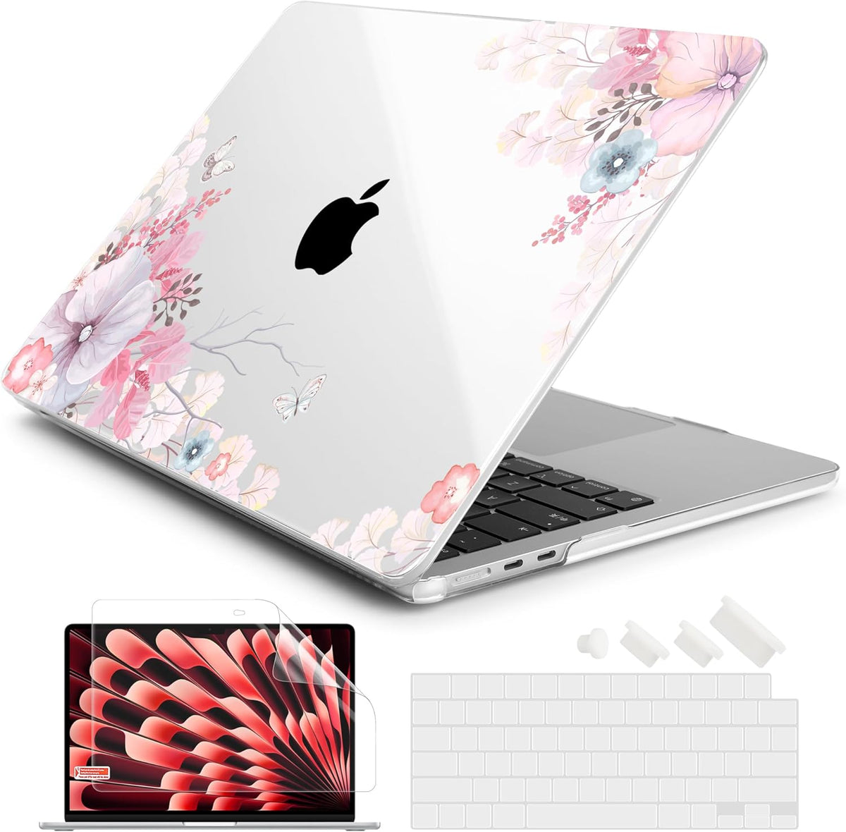 Batianda Premium Case for New MacBook Air 15 inch 2025 2024 2023 with M4 M3 M2 Chip, Designed Protective Plastic Hardshell & Keyboard Cover & Screen Protector, Lovely Flower