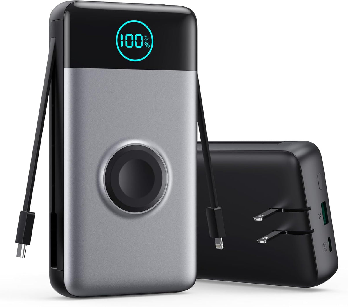 Portable Charger 40800mAh Power Bank with Built-in Cables,Wall Plug and iWatch Charger,6-IN-1 QC4.0+25W PD USB C Fast Phone Charging,LCD Display Battery Pack for iPhone 16/15/14,Apple Watch,Galaxy etc