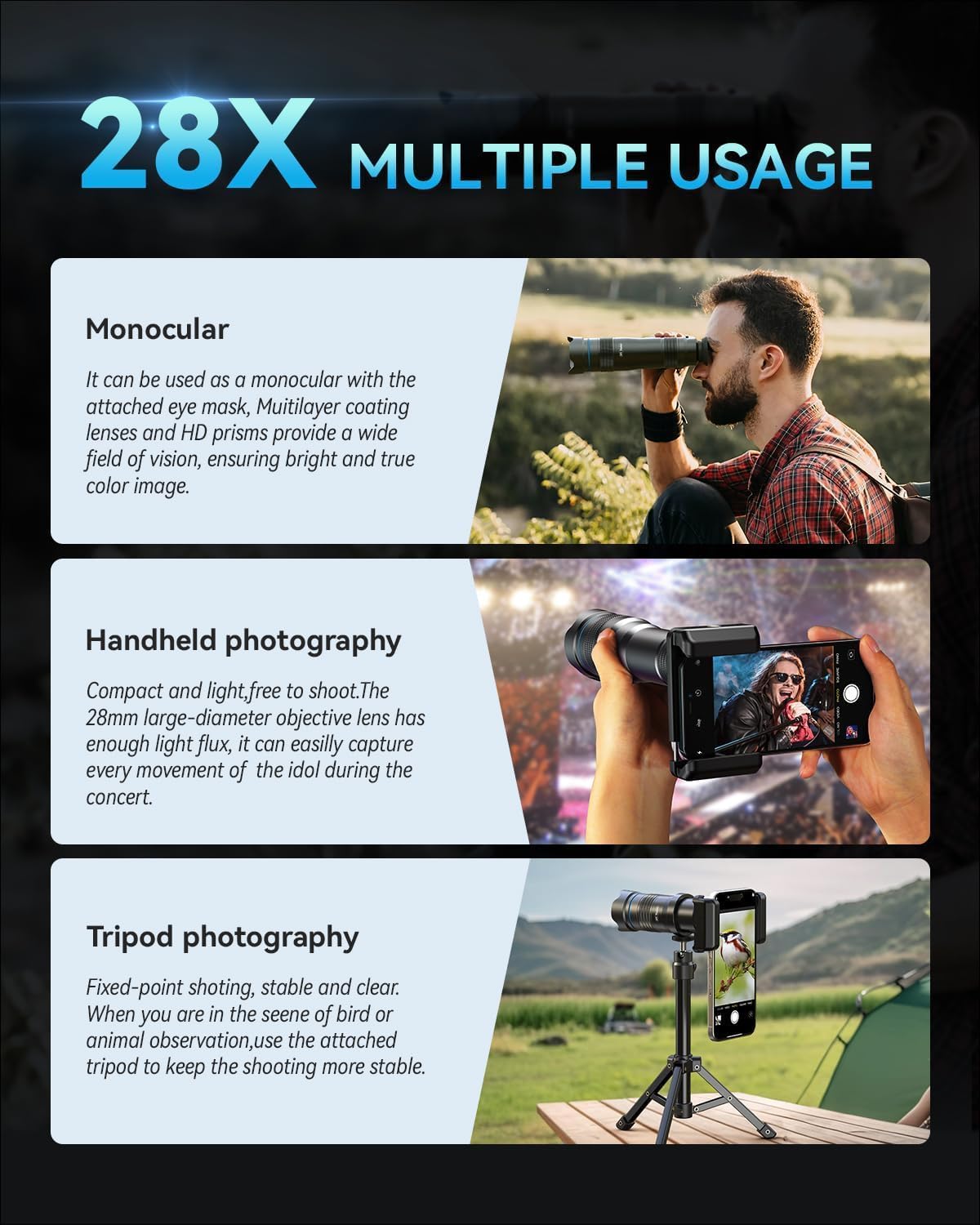 High Power 28X HD Telephoto Lens with Phone Tripod for iPhone Samsung Pixel One Plus Huawei