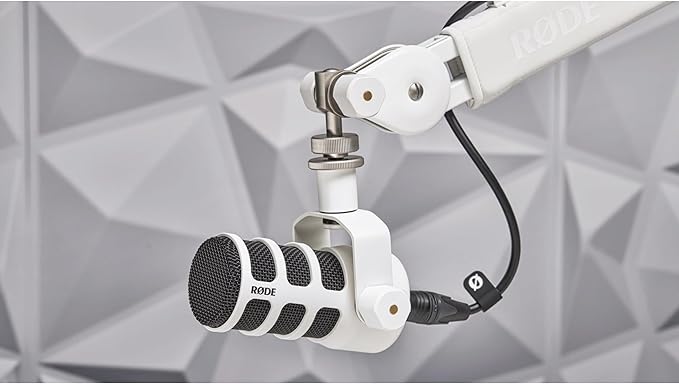 Rode PodMic White (Pair) Cardioid Dynamic Broadcast Microphones with 2X On-Stage MS7701B Boom Microphone Stands and 2X XLR Cables