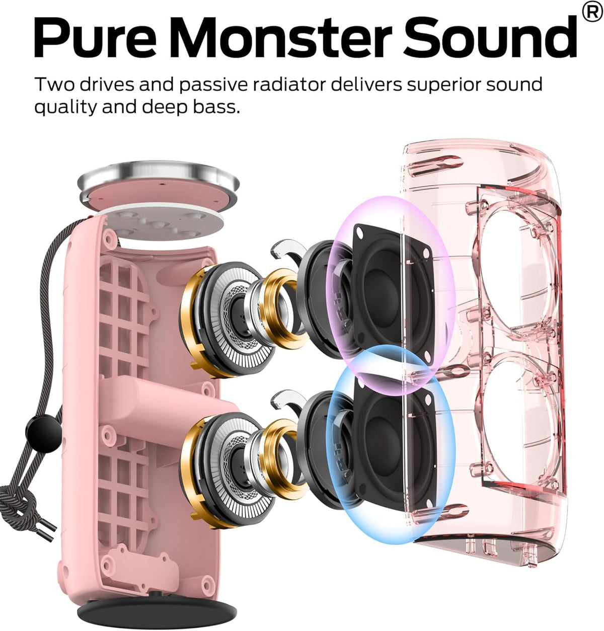 Monster S310 Upgraded Bluetooth Speaker, Portable Speaker, 30W True Wireless Stereo Pairing Deliver Dynamic Sound, IPX6 Waterproof, Bluetooth 5.2 Built-in Mic, 24H, for Family Outdoor Pink