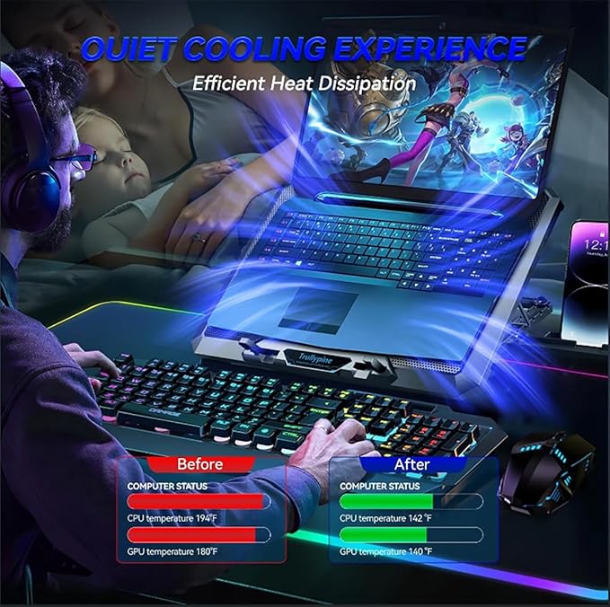 Laptop Cooling pad for Dell XPS 18 (1820) Gaming laptops Laptop Cooler with 8 Fans Adjustable Speed 5-Level Height Adjustment Mute SilentBuilt-in Phone Stand