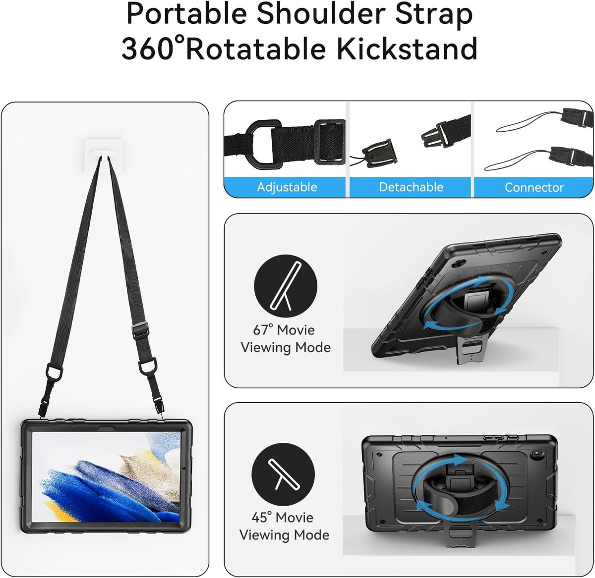 for Samsung Galaxy Tablet A8 Case 10.5 inch 2022 SM-X200/X205/X207 with Screen Protector [360 Rotating Stand] &Hand Shoulder Strap Shockproof Rugged Protective Cover|Black