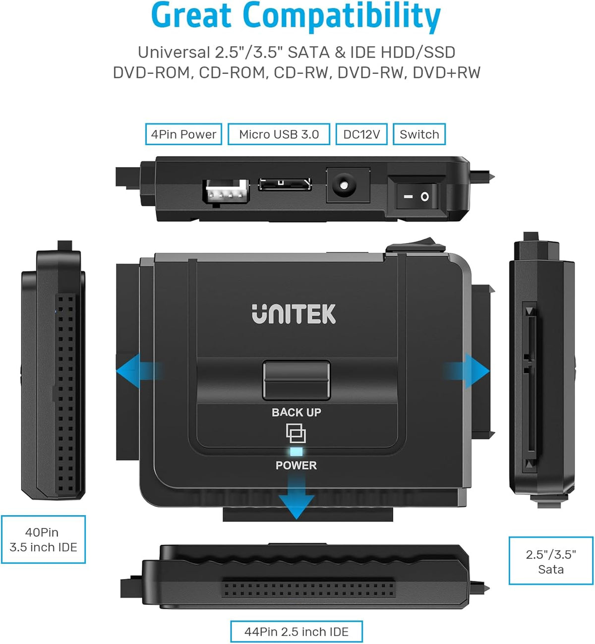 Unitek USB 3.0 to IDE and SATA Converter External Hard Drive Adapter Kit for Universal 2.5/3.5 HDD/SSD Hard Drive Disk, One Touch Backup Function, Included 12V/2A Power Adapter
