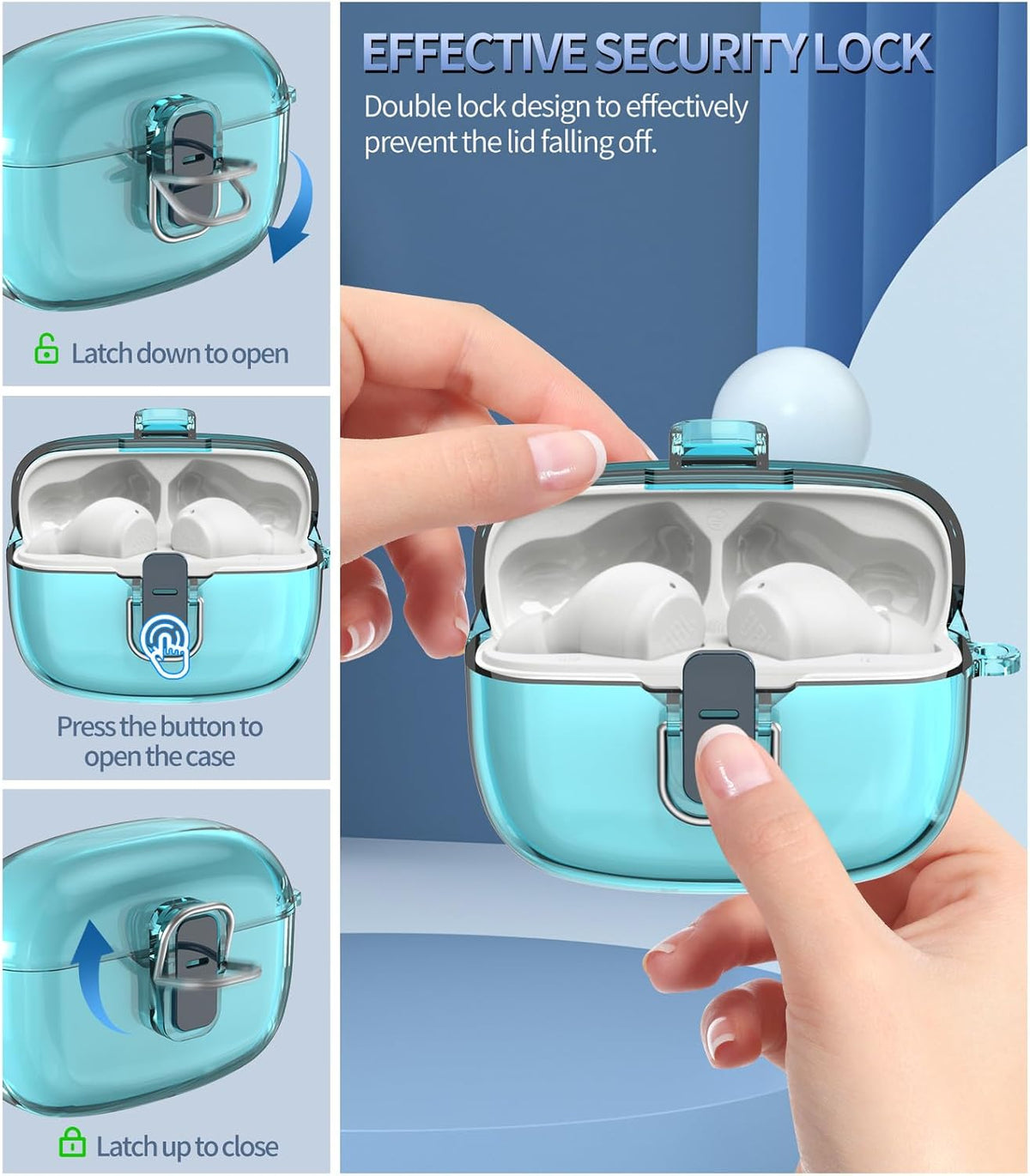 [Upgrade Secure Lock] Case Cover for JBL Vibe 200TWS/JBL Vibe Beam with Cleaner Kit, PC Hard Shell, Clear Blue