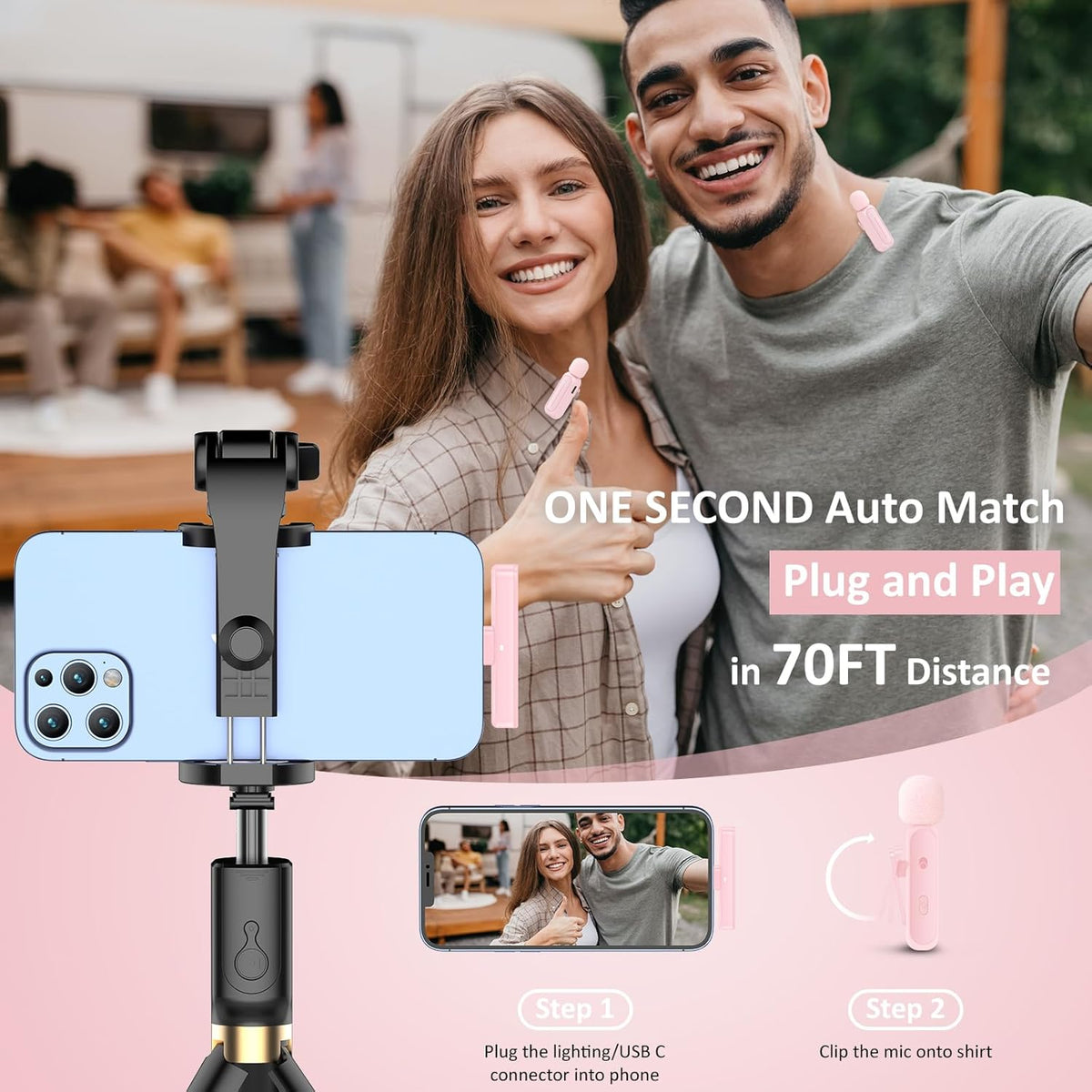 2 Pack Wireless Lavalier Microphone for iPhone iPad Android with Charging Case - 7H Clip on Lapel Microphone Wireless for Video Recording Vlogging, YouTube, Interview, 3 Mode Denoise (Pink)