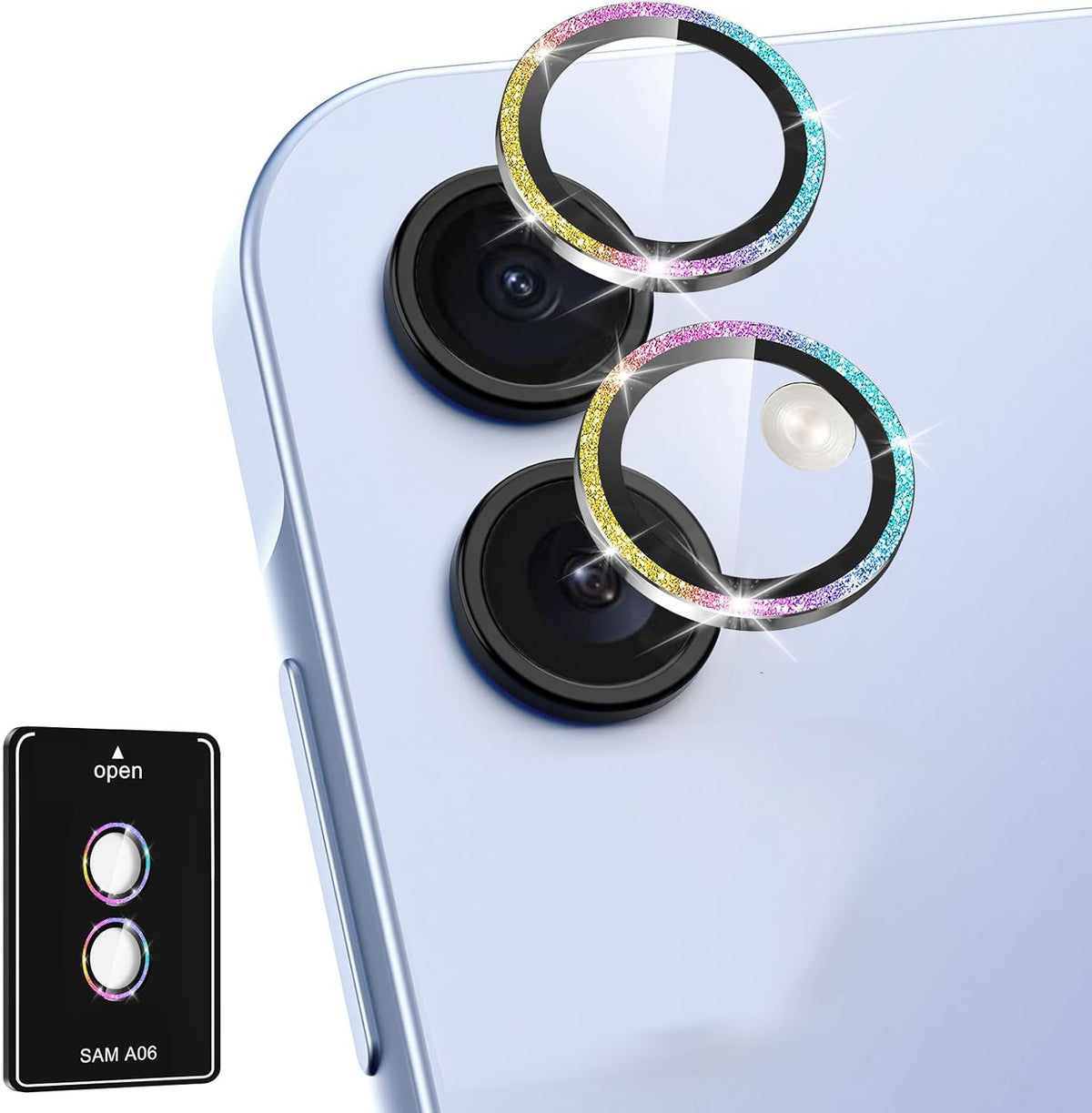 for Samsung Galaxy A06 Camera Lens Protector, Individual Metal Ring Tempered Glass Lens Cover, [Strong Adsorption] Scratch Resistant Ultra-Thin HD Clear Lens Cover, 1 Set-Colorful Sparkly