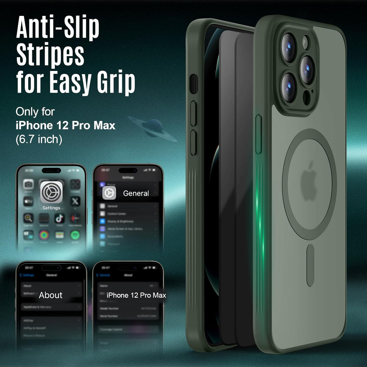 Designed for iPhone 12 Pro Max Case, Compatible with MagSafe, with Privacy Screen Protectors X2, [Camera Protection] [15FT Military Drop Protection] Shockproof Phone Case, 6.7", Alpine Green